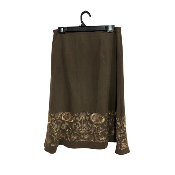 Peck & Peck Brown Silk Linen Blend Embroidered A-Line Skirt Womens Size 6 Boho - Picture 2 of 9